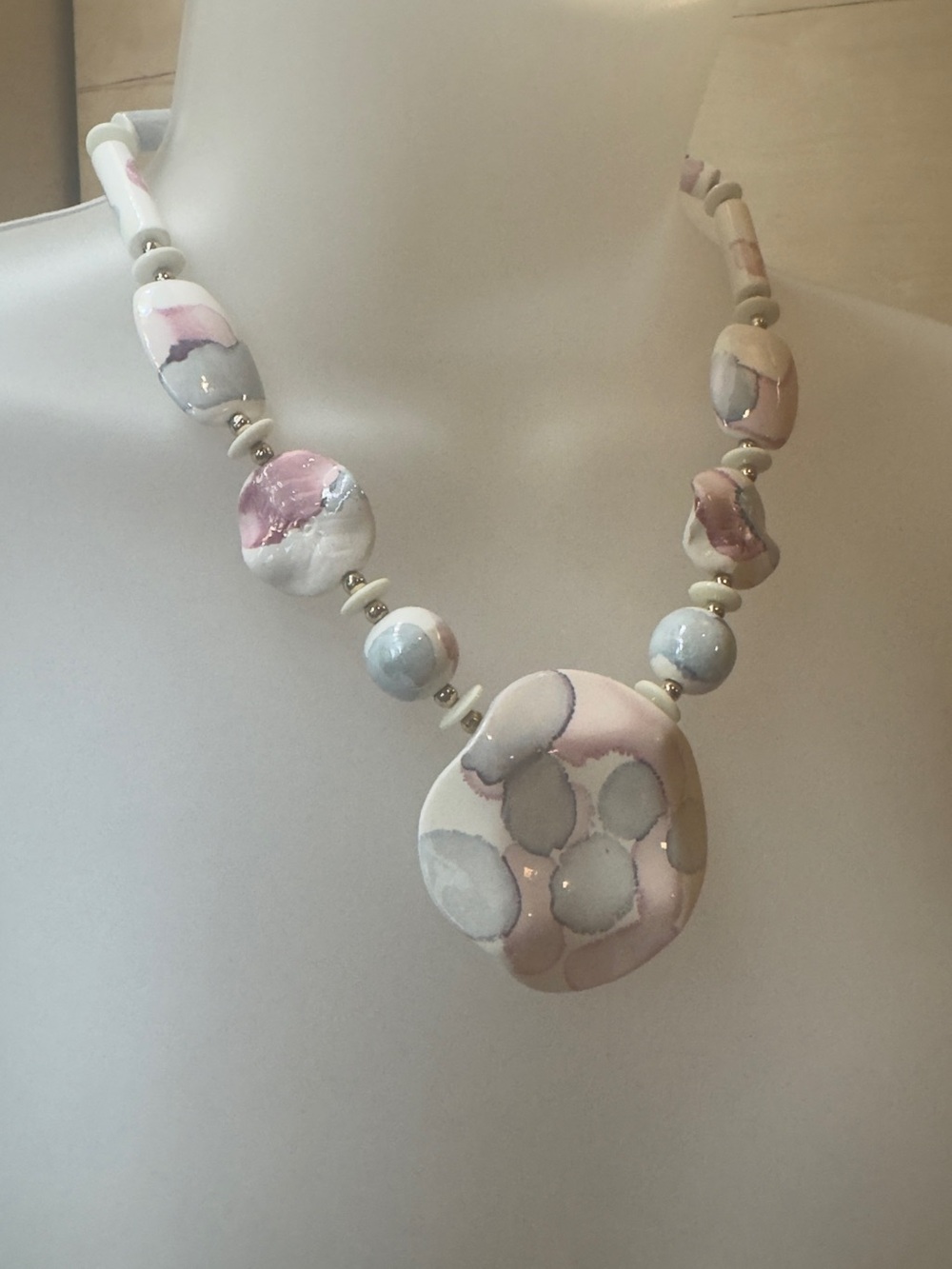 Vintage Porcelain Pendant Necklace - Japanese White pink Watercolor Beads,
